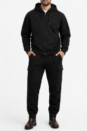 72 Bulk Cotton Fleece Cargo Jogger And Zipper Hoodie Set In Black Assorted Sizes M- 2xl