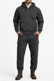 72 Bulk Cotton Fleece Cargo Jogger And Zipper Hoodie Set In Charcoal Assorted Sizes M- 2xl