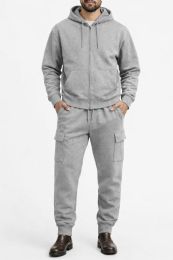 36 Bulk Cotton Fleece Cargo Jogger And Zipper Hoodie Set In Heather Gray Assorted Sizes M- 2xl