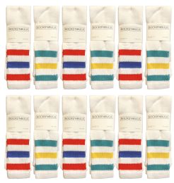 72 Bulk Yacht & Smith Men's Cotton 31" Inch Terry Cushioned Athletic White Striped Top Tube Socks Size 13-16
