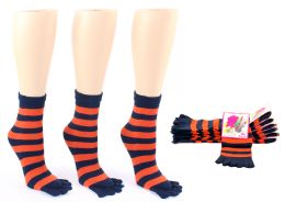 24 Bulk Women's Toe Socks - Blue & Orange Striped Print - Size 9-11