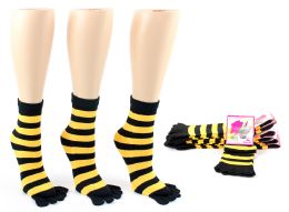 24 Bulk Women's Toe Socks - Black & Gold Striped Print - Size 9-11