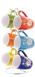 6 Bulk Home Basics 6 Piece Floral Mug Set With Stand, MultI-Color