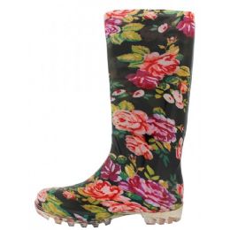 24 Bulk Women's Size 6-11 Red Flower 13.5 Inches Rubber Rain Boots