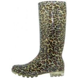24 Bulk Women's Size 6-11 Gold Leopard 13.5 In Rubber Rain Boots