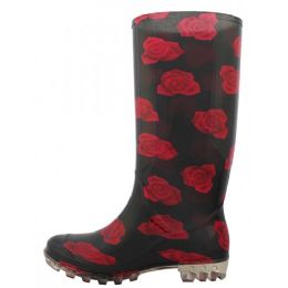12 Bulk Women's 13.5 Inches Rubber Rain Boots In Black With Red Flower Print Sizes 6-11