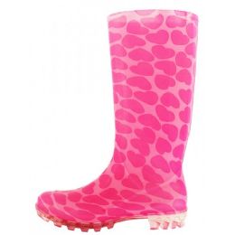 12 Bulk Women's 13.5 Inches Rubber Rain Boots In Black With Pink Heart Print Sizes 6-11