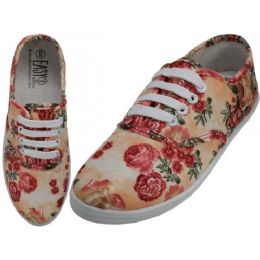 24 Bulk Women's 6-11 Beige Rose Canvas Lace Up Shoes