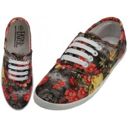 24 Bulk Women's 6-11 Black Rose Canvas Lace Up Shoes