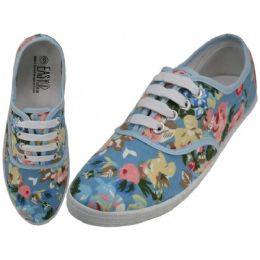 24 Bulk Women's Canvas Lace Up Shoes In Sky Blue Floral Print Sizes 6-11