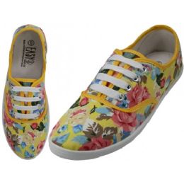 24 Bulk Women's Canvas Lace Up Shoes In Yellow Floral Print Sizes 6-11