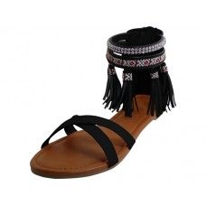18 Bulk Women's Criss Cross Tassel Sandals In Black Sizes 6-11