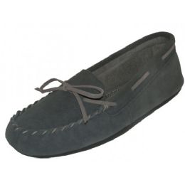 24 Bulk Women's Insulated Leather Upper Moccasin House Slippers In Gray Sizes 6-11
