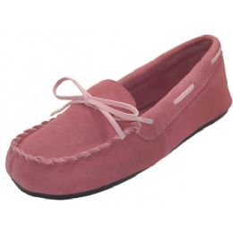 24 Bulk Women's Insulated Leather Upper Moccasin House Slippers In Pink Sizes 6-11
