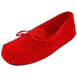 24 Bulk Women's Insulated Leather Upper Moccasin House Slippers In Red Sizes 6-11
