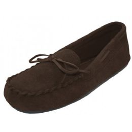 24 Bulk Women's Insulated Leather Upper Moccasin House Slippers In Brown Sizes 6-11