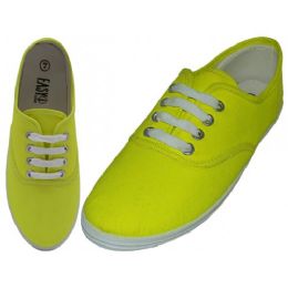 24 Bulk Women's Neon Yellow 6-11 Casual Canvas Lace Up Shoes