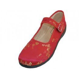 36 Bulk Women's Satin Brocade Plum Flower Upper Mary Jane Shoes In Red Sizes 6-11