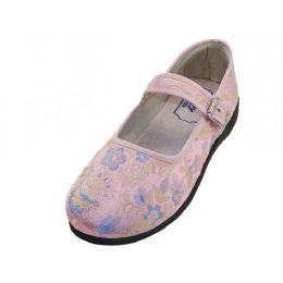 24 Bulk Women's Satin Brocade Upper Mary Janes Shoes In Pink Sizes 6-11