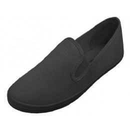 24 Bulk Women's Slip On Twin Gore Casual Cotton Upper Canvas Shoes In Black Size 5