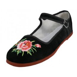 36 Bulk Women's Velvet Upper With Embroidery Classic Mary Janes Shoes In Black Size 39
