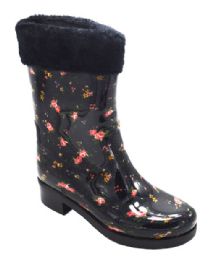 12 Bulk Womens Rain Boots Flowers Designed Lightweight Color Black Size 6-10