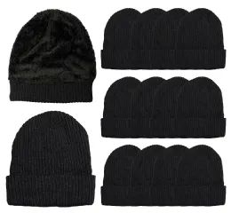 96 Bulk Yacht & Smith Adults Sherpa Lined Winter Beanies In Black