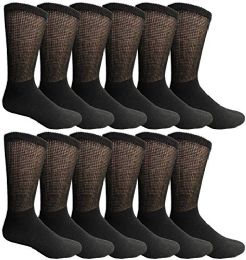 12 Bulk Yacht & Smith Men's Loose Fit NoN-Binding Soft Cotton Diabetic Black Crew Socks Size 13-16