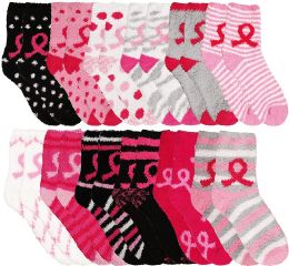 48 Bulk Yacht & Smith Women's Assorted Colored Warm & Cozy Fuzzy Breast Cancer Awareness Socks