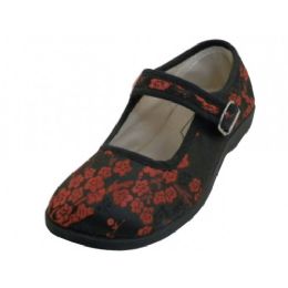 36 Bulk Youth's Satin Brocade Plum Flower Upper Mary Janes Shoes In Black Sizes 1-4